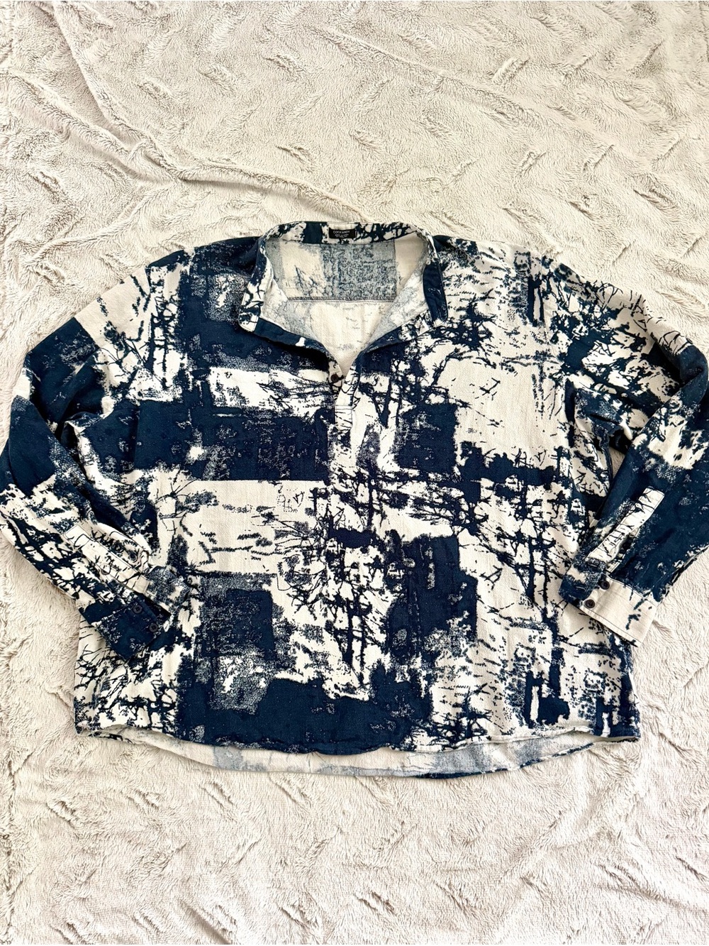 Coofandy Navy White Abstract Print Cotton Hemp Button Down Shirt 4XL